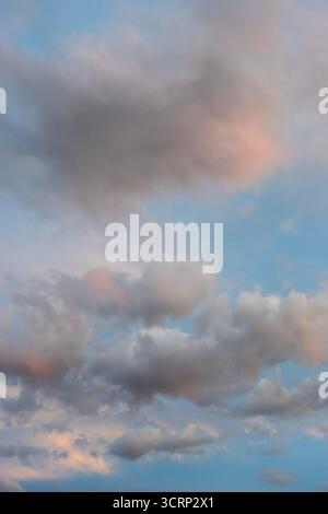 Soft clouds with pastel pink highlights in blue sky during sunset, peaceful nature background Stock Photo