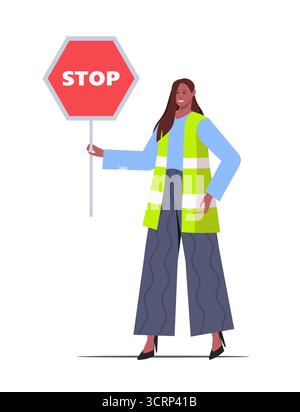 An african american woman in a reflective vest with a stop sign isolated on a white background. Road traffic safety. Vector Not AI generated Stock Photo