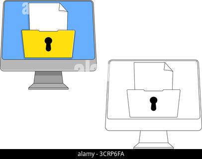 Colored and black and white doodle icon of a computer folder with password protection, symbolizing data security Stock Vector
