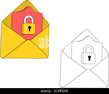 Colored and black and white doodle icon of an open email with a padlock in front, symbolizing email security Stock Vector