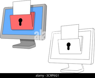 Colored and black and white doodle icon of a computer monitor displaying a folder with documents Stock Vector