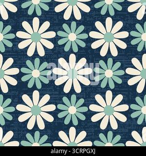 Seamless retro daisy vector pattern with alternating cream and muted green flowers on a deep navy textured background. Stock Vector