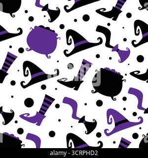 Seamless Halloween pattern with stylized witch hats, cauldrons, boots, and striped stockings in black and purple perfect for wrapping paper. Stock Vector