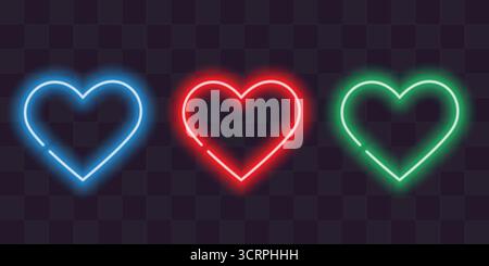 Blue Red Green Decorative Hearts Neon Effect Lightning on Dark Backdrop St Valentines Day element. Isolated Vector illustration Love Themed or St Valentines Day Greetings Party Invite Banner, leaflets Stock Vector