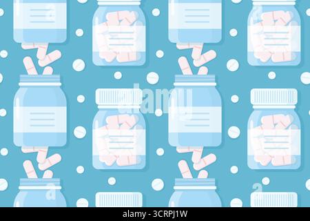 Seamless pattern using Medicine Bottles and pills. Medical background for printing on textiles and packaging. Colorful medical background for healthcare, pharmaceuticals, medicine design, pharmacies Stock Vector