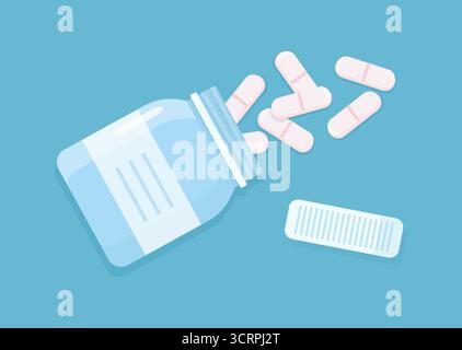 Tablets spilled out of an open medicine bottle. Container with medical capsules. Treatment of diseases, intake of vitamins and antibiotics. Prescription-only medicines in pharmaceutical packaging. Stock Vector