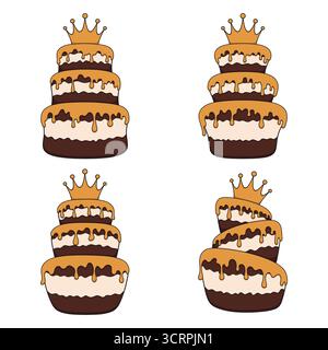 Set of color illustrations cake and golden crown. Isolated vector objects on white background. Stock Vector