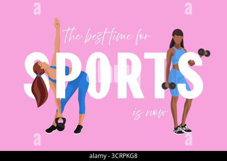 Two faceless women engage in fitness activities, promoting the message to get active and embrace sports in a vibrant, colorful setting. Stock Vector