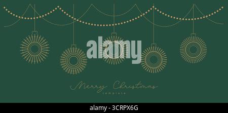 Thin line gold Christmas luxury poster, banner, card, invitation with round toy, ball, bauble on green background. Elegant geometric decoration Stock Vector