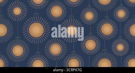 Golden round Christmas, New Year ball, bauble ornaments seamless vector pattern. Elegant luxury lattice ornamental toys on blue background. Stock Vector