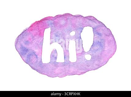 Playful watercolor design with handwritten hi in purple and pink tones. Stock Photo
