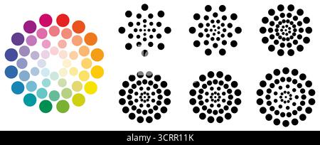 Set of small circles sunburst or star radiating from centre forming one larger round object, version with 5 to 10 rays Stock Vector