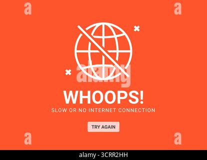 No Internet Connection Warning Screen Globe offline error alert. Disconnect network connection slow loading Stock Vector