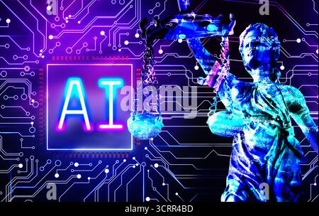 Artificial intelligence and judicial system. Scales of Justice and AI microchip with circuit board pattern Stock Photo