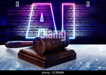 Artificial intelligence and judicial system. Judge's gavel on table with circuit board pattern and AI abbreviation with binary code Stock Photo