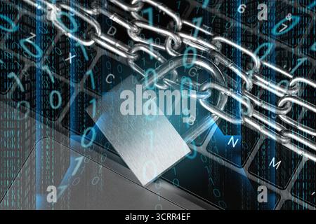 Padlock with chain on laptop, top view. Binary code. Cyber security Stock Photo