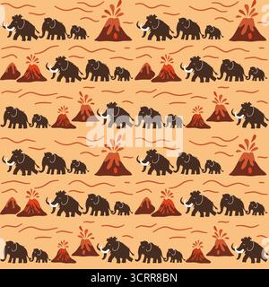 Vector seamless pattern with mammoths, baby mammoths and erupting volcanoes on yellow background. Prehistoric style design for textile and decor. Stock Vector