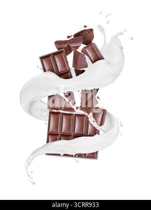 Crushed chocolate with milk splashes isolated on a white background Stock Photo
