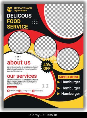 Modern Delicious Food Service Flyer Template  Restaurant Menu Promotion Poster  Black, Red & Yellow Food Flyer Design Stock Vector