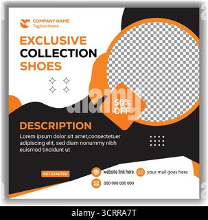 Creative Shoe Sale Advertising Template Modern Orange Black Fashion Footwear Social Media Banner Design Stock Vector
