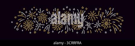 Gold and silver doodle firework at night sky background. Hand drawn vector illustration. Merry Christmas and Happy New Year banner, poster, invitation Stock Vector