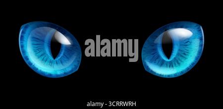 A pair of mesmerizing blue feline eyes with vertical pupils and intricate patterns in the irises, on a black background. The glossy surface reflects l Stock Vector