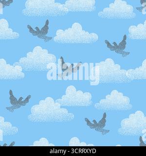 Seamless pattern with flying pigeons and clouds. Vector dove birds illustration Stock Vector