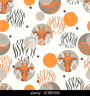 Seamless abstract giraffe pattern. Vector geometric trendy background with orange circles Stock Vector
