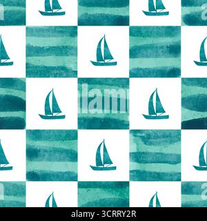 Seamless checkered marine pattern with blue ships and checks. Vector sea background with boats Stock Vector