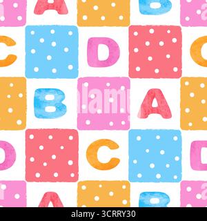 Seamless colorful pattern with cartoon alphabet. Vector print with watercolor letters Stock Vector