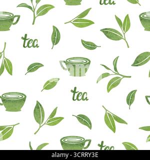 Green tea seamless pattern with watercolor leaves and cups Stock Vector