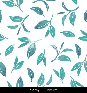 Blue leaves seamless pattern. Vector watercolor tea illustration Stock Vector