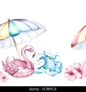 Summer vibes seamless pattern background wallpaper featuring beach umbrellas, flamingo float, ocean waves, and tropical flowers to evoke relaxation Stock Vector