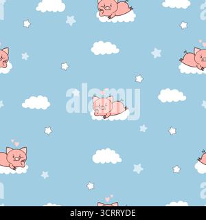 Cute pigs and clouds seamless pattern. Vector baby print Stock Vector