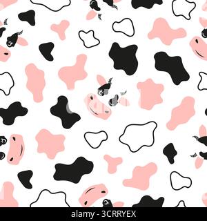 Cute cow face and cow skin spots seamless patterns. Vector print for kids Stock Vector
