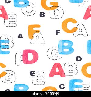 Colorful alphabet seamless pattern. Cute vector cartoon illustraton with watercolor letters Stock Vector