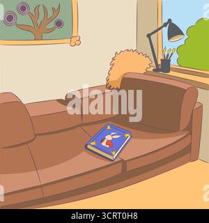 Children book on sofa in home interior, vector illustration Stock Vector