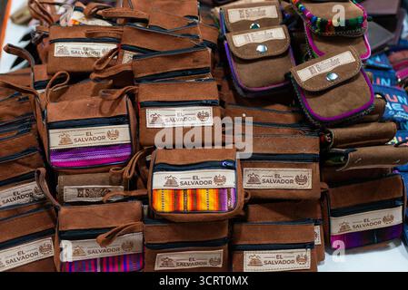 Close Up Stacks of Brown Leather Souvenir Pouch from El Salvador Stock Photo
