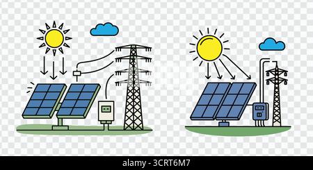 Solar Energy Illustration showing Power Generation and Grid Connection Stock Vector