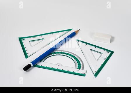 A complete set of geometric instruments for school mathematics or technical drawing. A concept for education, geometry, learning, and precision measur Stock Photo
