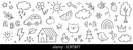 Kids outline hand drawn sun, flower cute school background. Crayon pencil stroke school doodle flower, sun, rainbow children elements. Kid style cute baby star, tree, heart shapes. Vector illustration Stock Vector