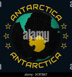 Antarctica on a globe with round continent name text. A continent's view on a world map in a Black Emerald color palette. Stock Vector