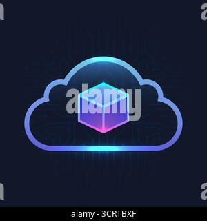 glowing cube stored in cloud icon over a circuit board background symbolizing digital storage technology internet connection and futuristic online ser Stock Vector
