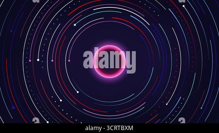 futuristic abstract background with glowing magenta sphere and neon orbit lines symbolizing technology innovation and virtual space perfect for sci fi Stock Vector