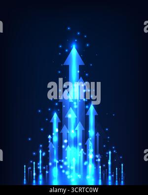 Glowing blue arrows rise sharply on a dark background, symbolizing business growth, success, and digital progress in a futuristic style with light eff Stock Vector
