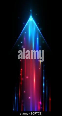 vertical abstract technology background with glowing upward arrow neon beams shifting from electric blue to magenta surrounded by sparkling particles Stock Vector
