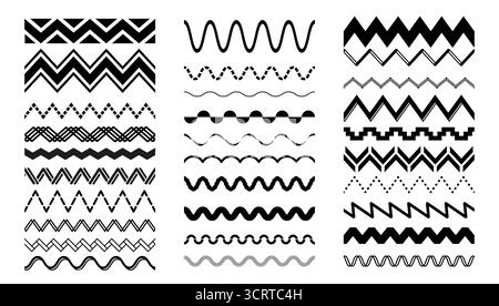 Zigzag wave line borders or zig zag with wavy geometric or curvy and sharp angles, vector set. Abstract zigzag wave line borders of wiggle squiggle curves or squiggly zig zag parallel ripple waveform Stock Vector