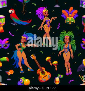Brazil carnival party characters pattern with cartoon samba dancer women, feather headdress, guitar, maracas, cocktails, parrots. Festive vector seamless background for traditional Brazilian festival Stock Vector