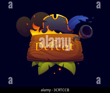 Defeat pirate game badge, icon asset or screen showing burning pirate hat, smoke, hook and cannon around wooden sign with leaves and embers. Game over gui fantasy arcade final banner, lose battle sign Stock Vector