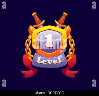 Game rank level up badge icon, victory shield asset with swords, gold chain and red ribbons. Cartoon vector first level reward, user rate trophy signify progression, achievement, victory and success Stock Vector